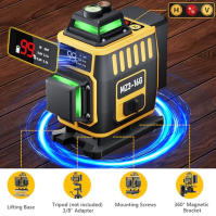 Křížový laser zelený 16 linií, 4 x 360°laserová vodováha samonivelační, 16 rotačních laserů s LED digitálním displejem, liniový